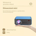 Videoproiector portabil GLIMATECH ținut în palmă, dimensiuni compacte 190.5x155.8x77mm, greutate 0.9 kg