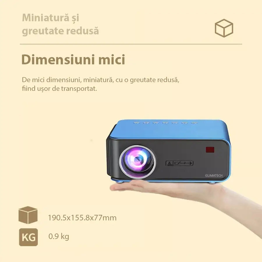 Videoproiector portabil GLIMATECH ținut în palmă, dimensiuni compacte 190.5x155.8x77mm, greutate 0.9 kg