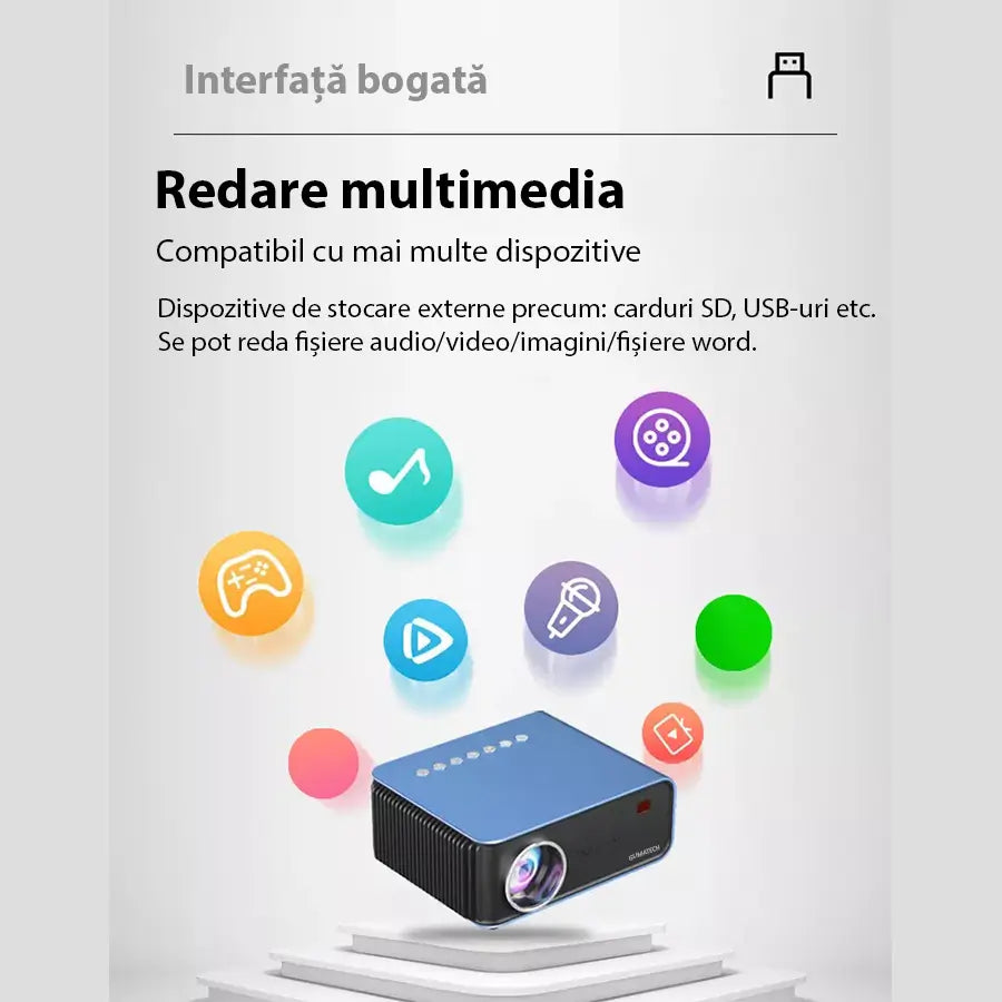 Videoproiector portabil GLIMATECH cu redare multimedia, compatibil carduri SD, USB, fișiere audio, video și imagini