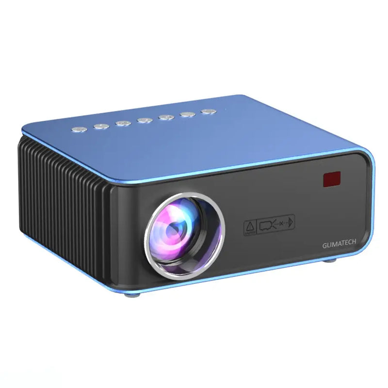 Videoproiector portabil GLIMATECH T4 albastru, vedere frontală, obiectiv LED, 1024x600 HD, 3000 lumeni