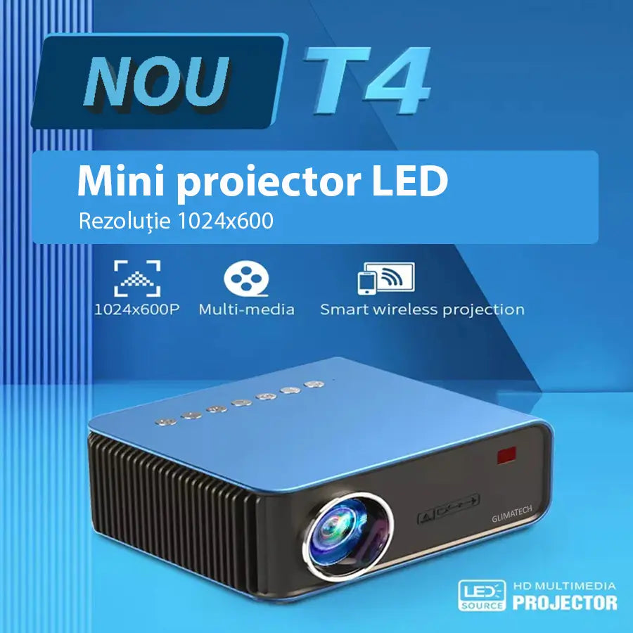Videoproiector mini LED GLIMATECH T4 nou, rezoluție 1024x600P, multimedia, proiecție wireless inteligentă