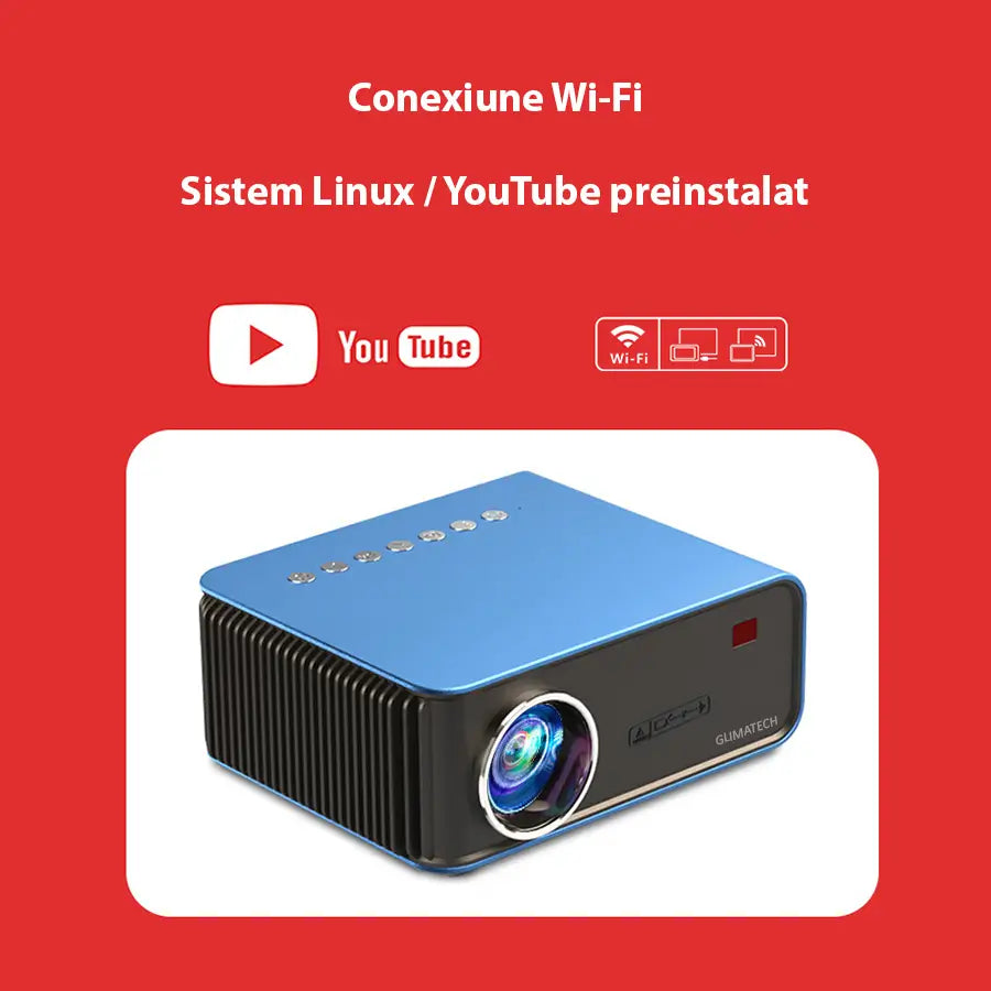 Videoproiector GLIMATECH cu conexiune Wi-Fi, sistem Linux și aplicația YouTube preinstalată