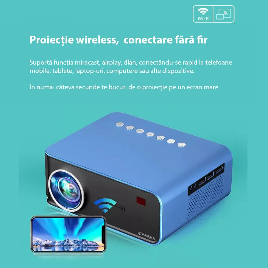 Videoproiector portabil GLIMATECH cu proiecție wireless, conectare fără fir prin Airplay și Miracast la telefon mobil