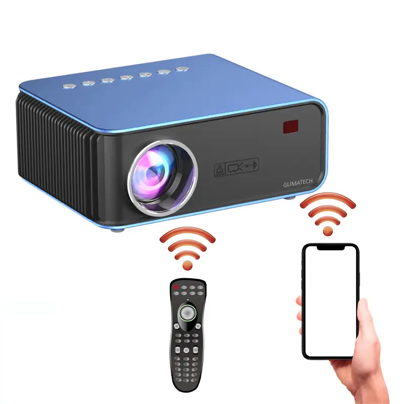 Videoproiector portabil GLIMATECH albastru cu telecomandă și conectare wireless la telefon prin Airplay și Miracast
